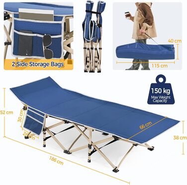 Розкладне кемпінгове ліжко Yaheetech для відпочинку та риболовлі, темно-синє, витримує до 150 кг, з кишенею та сумкою для транспортування