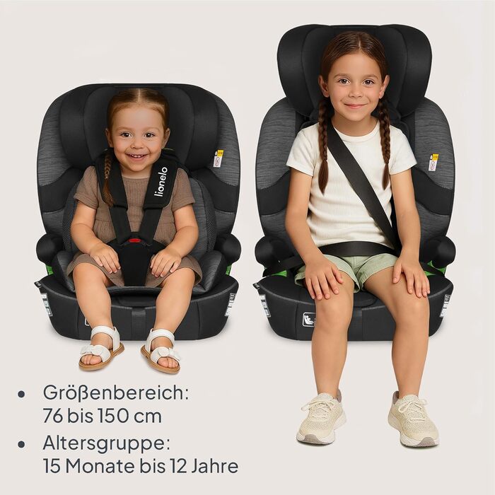Автокрісло Lionelo Billy i-Size 76-150 см (15 міс - 12 років), ISOFIX, R129, чорно-сіре