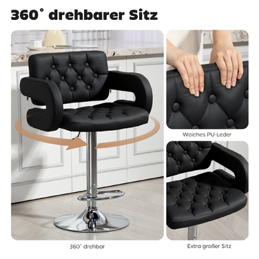 Барний стілець, регульований за висотою, поворотний на 360°, з металевим каркасом, спинкою та підніжкою, 61x50x93-113 см, чорний