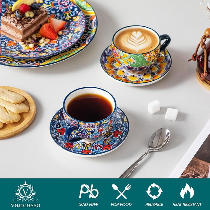 Набір кавових чашок капучіно Vancasso SIMI 6 шт. з блюдцями, 240 мл, порцеляна, для 6 осіб, мікрохвильова піч, богемський стиль