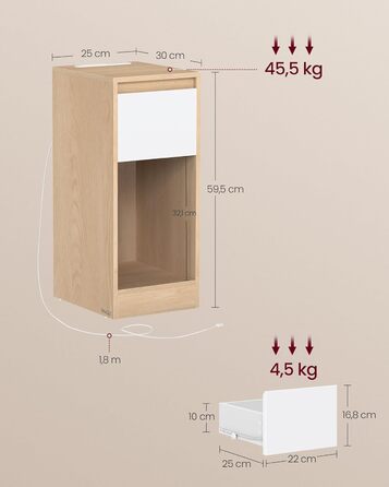 Приліжкова тумбочка VASAGLE з LED-підсвічуванням, USB-A та USB-C, з шухлядою та відкритим відсіком, для спальні/вітальні, кольору 