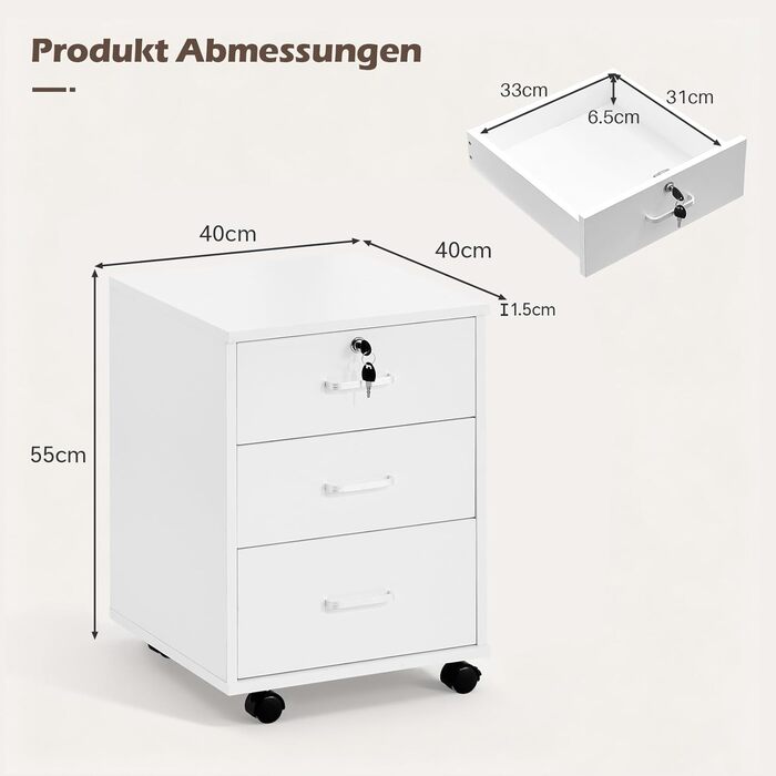 Тумба для документів TUKAILAI на коліщатках, 3 висувні ящики, білий колір, 2 шт.