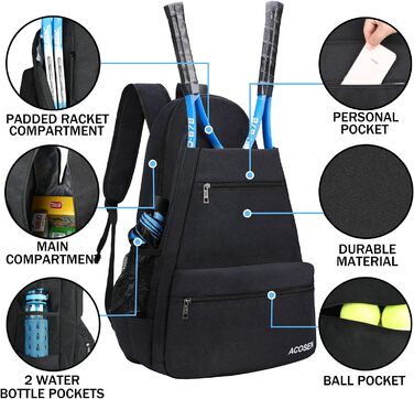 Тенісний рюкзак Acosen-великі жіночі та чоловічі тенісні сумки для тенісних ракеток, ракеток для піклболу, ракеток для бадмінтону, ракеток для сквошу, м'ячів та інших аксесуарів (Чорний-B)