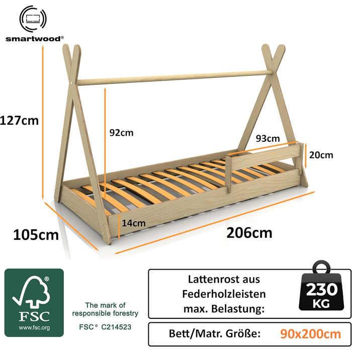 Дерев'яне ліжко-дитячий будиночок Smartwood 90x200 - Монтессорі Tipi F з сосни з сертифікатом FSC, захист від падіння та ламелі до 230 кг для хлопчиків та дівчаток, проста збірка, ліжко на підлозі