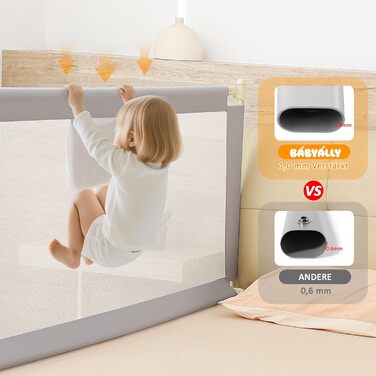 Бортики для ліжка дитячі 3 шт., захисні грати на ліжко для малюків (2x200 см + 1x180 см), сірі, складані