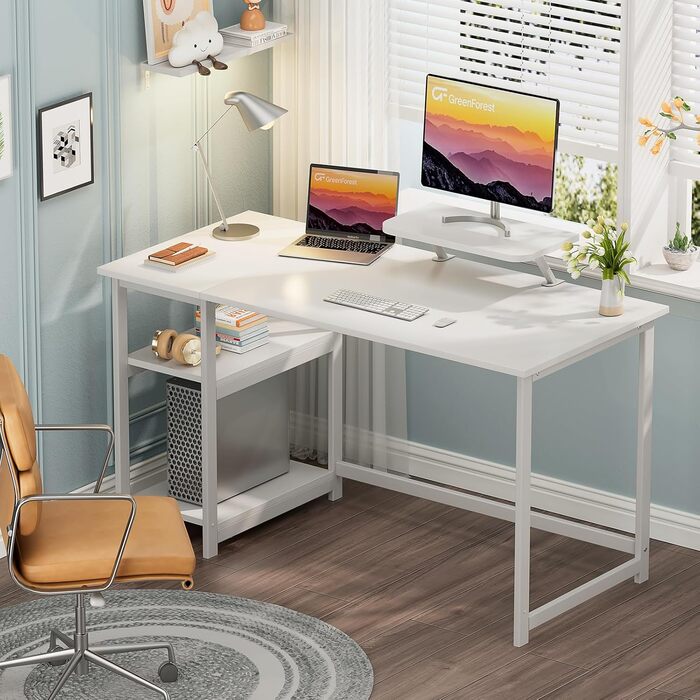 Білий письмовий стіл GreenForest з місцем для зберігання, 100 см, комп'ютерний стіл з підставкою для монітора, для дому та офісу, 140x50 см