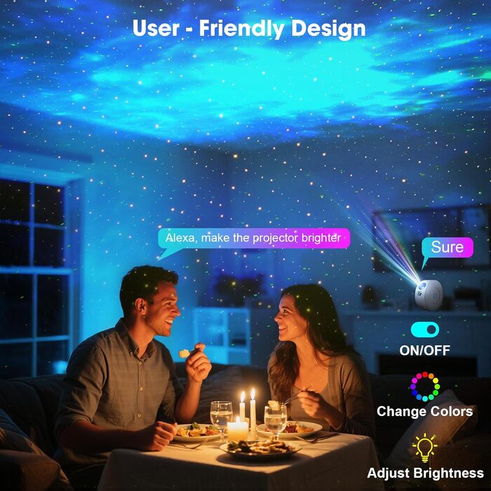 Проєктор зоряного неба Smart Sternenhimmel WiFi з пультом, додатком та голосовим керуванням, 16 млн кольорів, 25 дБ, кут нахилу 4 позиції (з жовтими зірками)