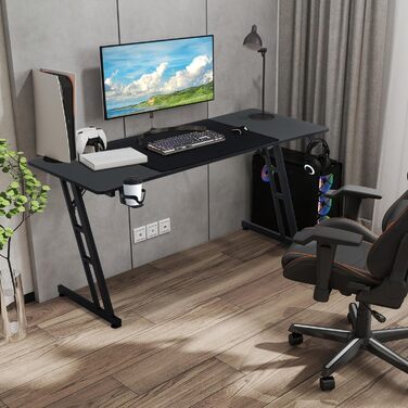 Ігровий стіл YRHome 120x60 см – стіл для комп'ютера з тримачем для напоїв, кабелепроводами та карбоновою поверхнею. Ергономічний стіл для геймерів та офісу, чорний (без LED). Розміри: 120 x 60 см