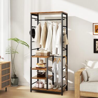 Стійка для одягу IBUYKE з 3 полицями та 8 гачками, індустріальний стиль, прихожа, спальня, колір: натуральний та білий