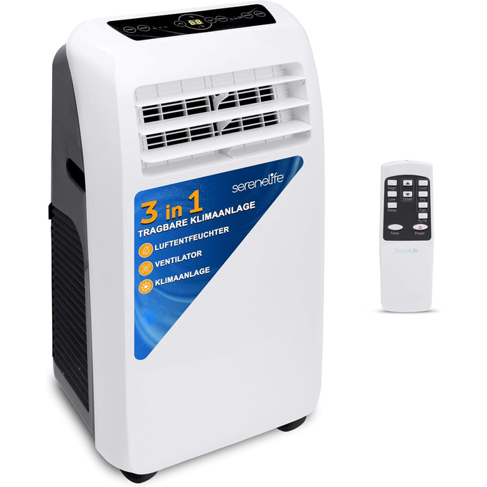 Кондиціонер SereneLife Mobile 9,000 BTU 4-в-1 повітроохолоджувач, вентилятор, осушувач обігрівач - портативний кондиціонер з комплектом витяжного шланга для приміщень площею до 20 м - дистанційне керування, монтаж на вікна (9 000 BTU EU, білий)