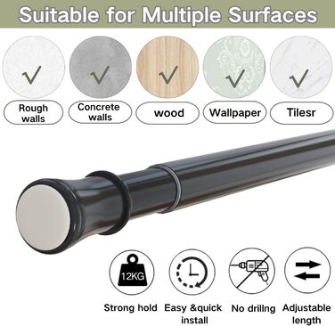 Телескопічний карниз для штор без свердління та гвинтів, розсувна штанга для ванної кімнати та шафи, 85-265 см (Ø 32 мм), чорний