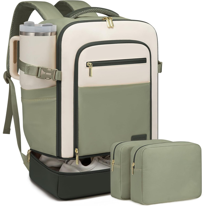 LOVEVOOK Рюкзак для ручної поклажі 40L з окремим відділенням для взуття, жіночий, для подорожей (3 шт.) Бежевий, Зелений