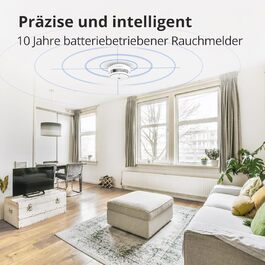 Датчик диму Rauchmelder: 5 шт. з батареєю на 10 років, для дому, з функцією віддаленого вимкнення звуку, велика кнопка тестування/вимкнення, EN14604