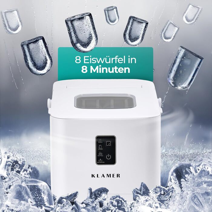 Льодогенератор KLAMER 24 кг/добу, 3 розміри кубиків льоду, 2.2л резервуар, 130W, білий