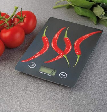 Кухонні ваги WENKO Slim Pepperoni - електронні цифрові ваги з сенсорною клавіатурою та функцією тари, загартоване скло, 14 x 1,2 x 19,5 см, багатобарвні