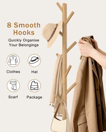 Вішалка для одягу Yawinhe у вигляді дерева з антиковзним покриттям, з масиву дерева, 180 см, 8 гачків, 3 регульовані висоти, для передпокою, 1 шт.