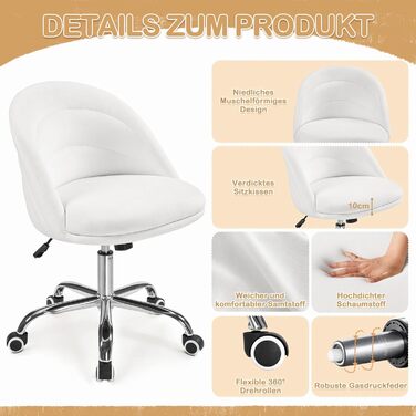 Крісло Yaheetech для дому та офісу: крісло для туалетного столика, обертове, з регулюванням висоти, на роликах, біле, до 136 кг