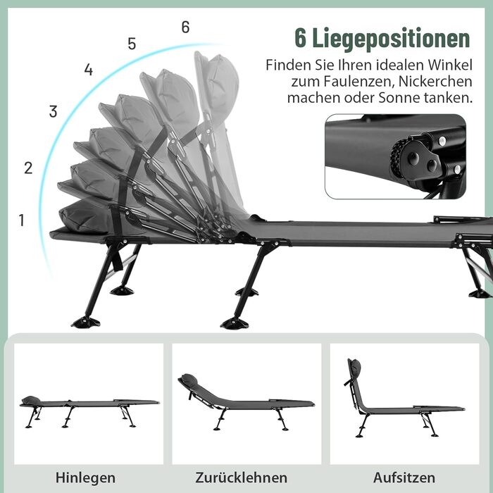 Складане ліжко для риболовлі та кемпінгу GOPLUS, посилене (до 200 кг), з регульованою спинкою (6 позицій) та спеціальними опорами для м'якого ґрунту, сіре