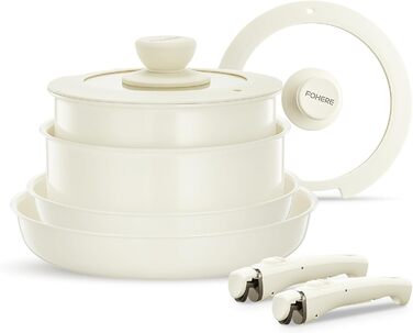 Набір посуду FOHERE 8 предметів: каструлі та сковороди з 2 знімними ручками, сковорода 20/28 см, каструлі 2.6/1.4 л, підходить для всіх плит (індукція), безпечний у духовці та посудомийній машині, бежевий