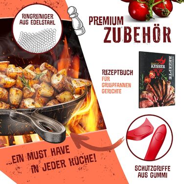 Кесер® сковорода-гриль з чавуну для індукційних плит, газових та вугільних грилів, духовки | Сковорода для стейків | 26 см | З захисними ручками, рецептами та очищувачем