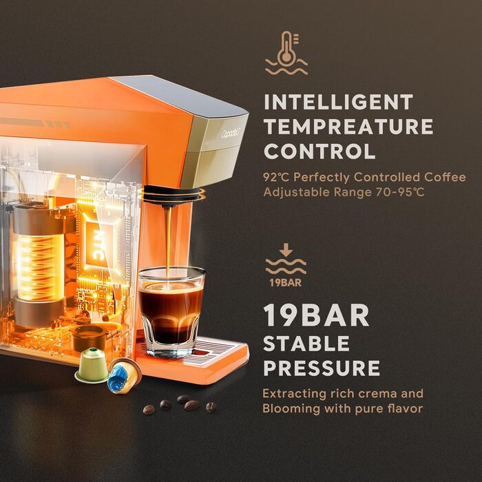 Кавомашина 4-в-1 для NES, Dolce Gusto, K-Cup та меленої кави, 19 bar, сенсорне керування, помаранчевий колір