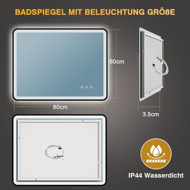 LED дзеркало для ванної кімнати 80x60 см з підсвічуванням, диммер, протитуманне покриття, 3 кольори світла, IP44, функція пам'яті, горизонтальний/вертикальний монтаж