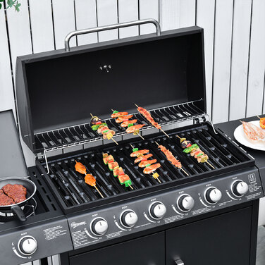Газовий гриль Outsunny BBQ на коліщатках з 6 пальниками, 1 бічним пальником, шафкою, багатофункціональний, металевий, чорний, 135 x 50 x 100 см | Aosom