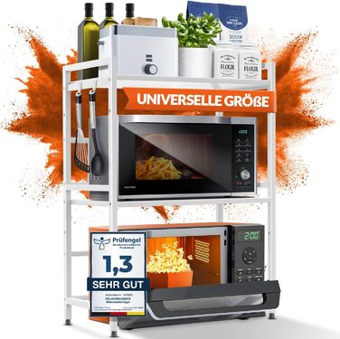 Поличка для мікрохвильової печі, кухонна поличка, сталева | 3-ярусна, регульована висота та довжина, з гачками, інструкція у відеоформаті (Білий)