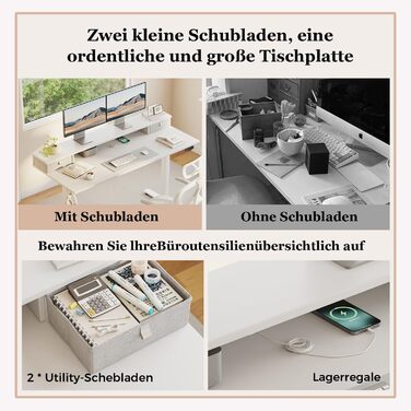 Регульований за висотою стіл Klicelor з двома висувними ящиками, електричний, для роботи стоячи, ергономічний, 100 x 60 см, білий