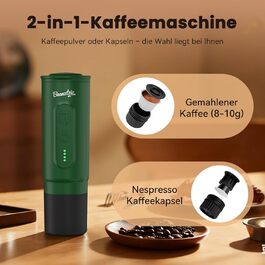 BeanzTrip H02 PRO портативна кавомашина з акумулятором, 2-в-1 для еспресо та кави, сумісна з капсулами NS та меленою кавою, 20 Bar, USB-C, для подорожей, кемпінгу та автодому (темно-зелений)