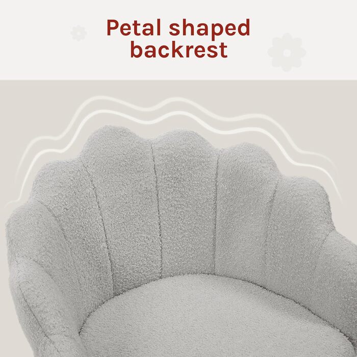 Крісло WOLTU для офісу та дому, крісло до туалетного столика з підлокітниками у вигляді пелюсток, поворотне з роликами, регульоване по висоті, для робочого кабінету, спальні (Світло-сірий, кашеміровий матеріал)