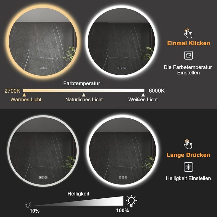 Круглий дзеркало Furduzz з підсвічуванням, 600 мм, для ванної кімнати, настінний, сенсорна кнопка, диммування, 3 кольори, антизапар, інтелектуальна пам'ять