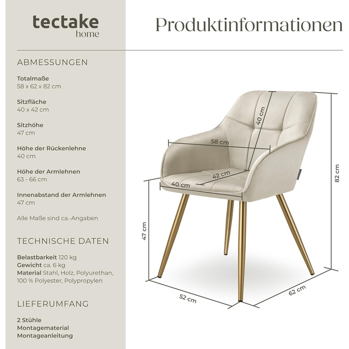 Тектейк® Крісло з велюру, комплект 2 шт., кремово-золотий колір. Сучасні кухонні стільці, крісла для вітальні, стільці для туалетного столика.