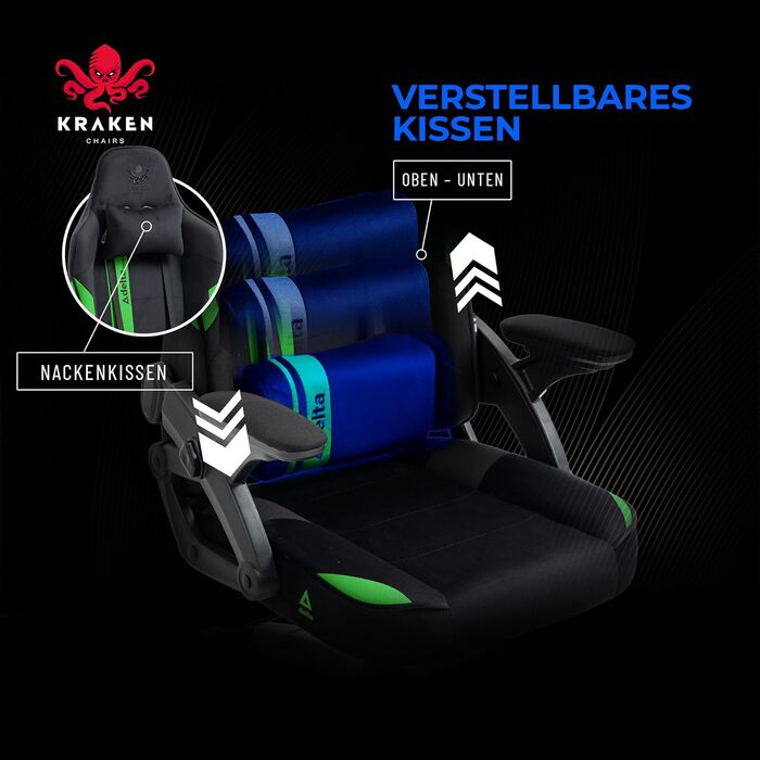 Крісло геймерське KRAKEN CHAIRS - ергономічне, тканинне, для комп'ютера, 130 кг, чорно-зелене