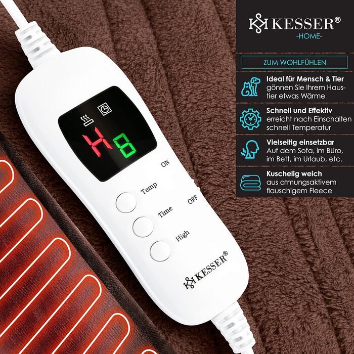 Електрична грілка KESSER® з плюшу 180x130 см сірого кольору | з таймером, автоматичним вимкненням, 9 температурних режимів, цифровим дисплеєм, прання до 40°C | Декоративна ковдра | Сертифікат TÜV SÜD GS