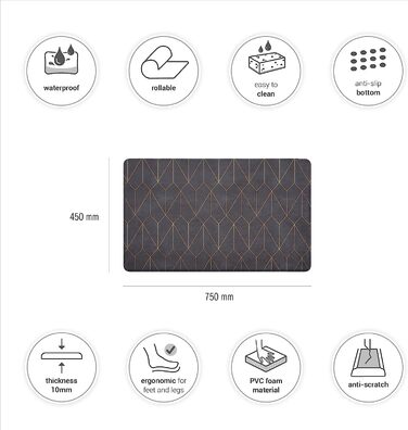 Домашній кухонний килимок Paco, кухонний килимок, кухонний килимок з ПВХ, нековзний килимок для кухні, килимок для підлоги різного малюнка, колір розмір (45x75 см, чорний 2)