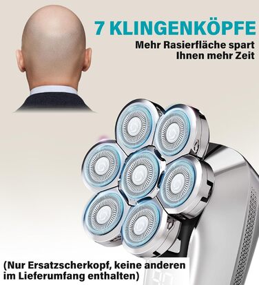 Водонепроникна бритва для голови для лисих чоловіків, волога та суха бритва для бритви Bald, з 7 обертовими бритвами, акумуляторна лиса бритва (срібло, лише змінна головка), 7