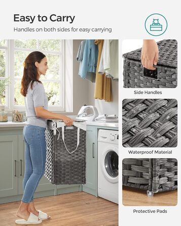 Кошик для білизни Songmics з кришкою, 90 л, сірий, з 2 змінними вкладами та 6 мішечками, плетений, для ванної кімнати, 33 x 46 x 60 см