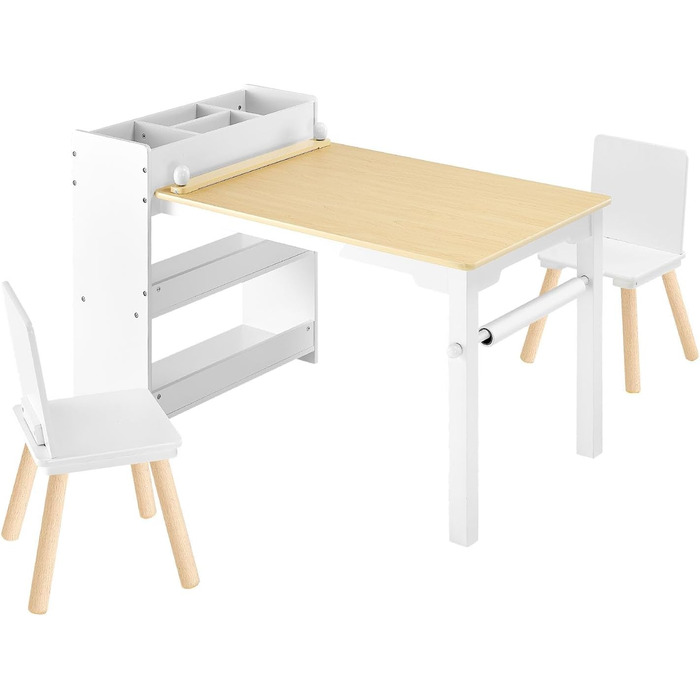 Дитячий стіл VEVOR з 2 стільцями та шафкою 3 ящики, набір для малювання, читання, письма, ігор, дитяча кімната, дитячий садок, білий + натуральне дерево, сучасний дизайн
