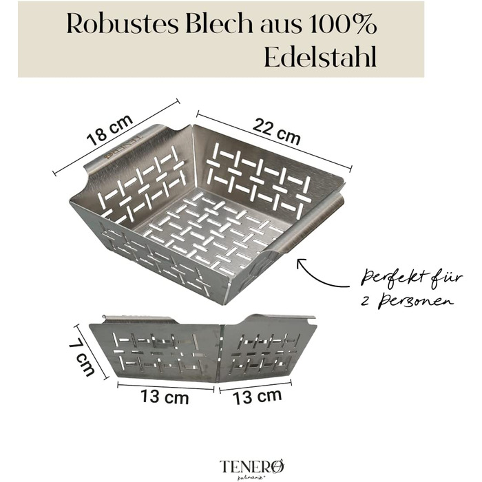 Кошик для гриля TENERO - приладдя для гриля з нержавіючої сталі для риби, м'яса і овочів, кошик для овочів для всіх грилів або духовок / 22 x 18