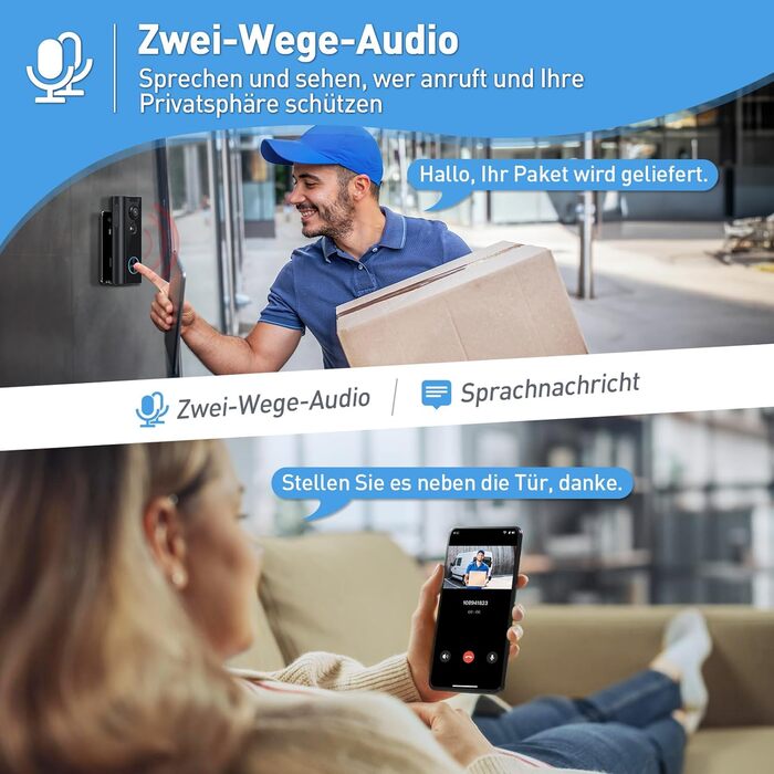 Відеодзвінок XTU з Wi-Fi, камера 4MP HD, бездротовий, з гонгом, PIR-датчик, нічне бачення, 2-сторонній аудіо, сумісний з Alexa, чорний