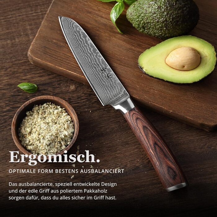 Японський ніж Wakoli EDIB Santoku з дамаської сталі (серцевина VG10), 12.5 см – гострий та зручний. Ніж Сантоку з ручкою з паккавуду в подарунковій коробці, для овочів та фруктів