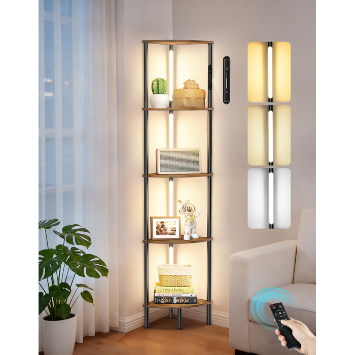 Світлодіодна торшер-полиця з регульованою яскравістю та кольором, пульт ДУ, 5 полиць, кутова, для вітальні, спальні, офісу (Rustikales Braun)