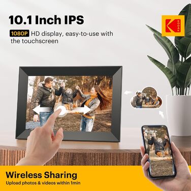 Цифровий фоторамка Kodak 10.1 дюймів з Wi-Fi, HD IPS-сенсорний екран, 32 ГБ пам'яті, автоматичне обертання зображень, можливість ділитися фото та відео через додаток, чорний
