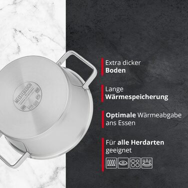 Каструля Meisterkoch з нержавіючої сталі 16 см Ø | з виливом, внутрішньою шкалою та ізольованою ручкою | 1 скляна кришка з дрібним та великим ситом | Кухонне приладдя, нержавіюча сталь, індукційне дно (20 см)