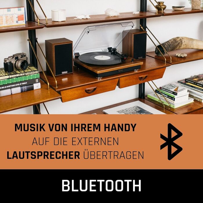 Вініловий програвач Lenco LS-100 Hi-Fi з Bluetooth, зовнішні динаміки 2x10 Вт, ремінний привід, автостоп, дерев'яний корпус