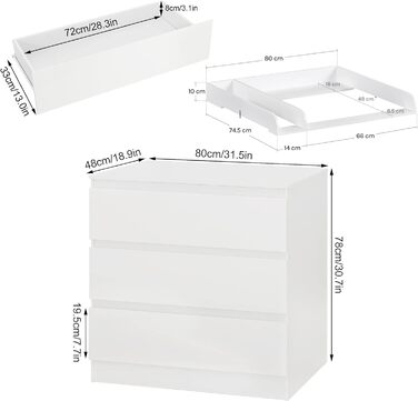 Комод-пеленальник WOLTU з пеленальним столиком, 3 висувні ящики, захист від перекидання, 86 см, білий