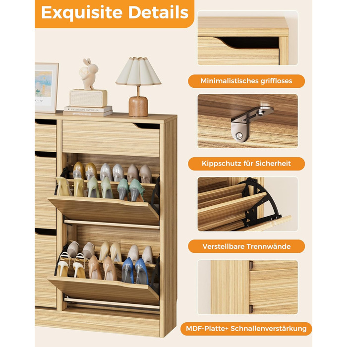 Шкаф для взуття IRONCK з 4 дверцятами, вузький, з 2 висувними ящиками, окремо розташований, з регульованими перегородками, для прихожого, входу та вітальні (білий). Матеріал: дерево. Розміри: 100x23.5x98 см