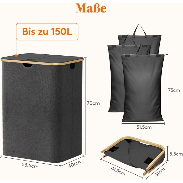 Кошик для білизни Lifewit 150L з кришкою, сортувальник для білизни з 3 відділеннями, велика коробка для білизни, сірий