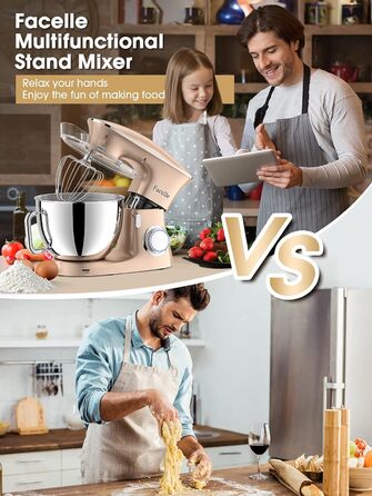 Кухонна машина-міксер Facelle 2000W з чашею 8,5L (6+ швидкостей) для випічки, тіста, міксування, з набором насадок (снігобій, гак для тіста, вінчик) та захистом від бризок, колір Champagne